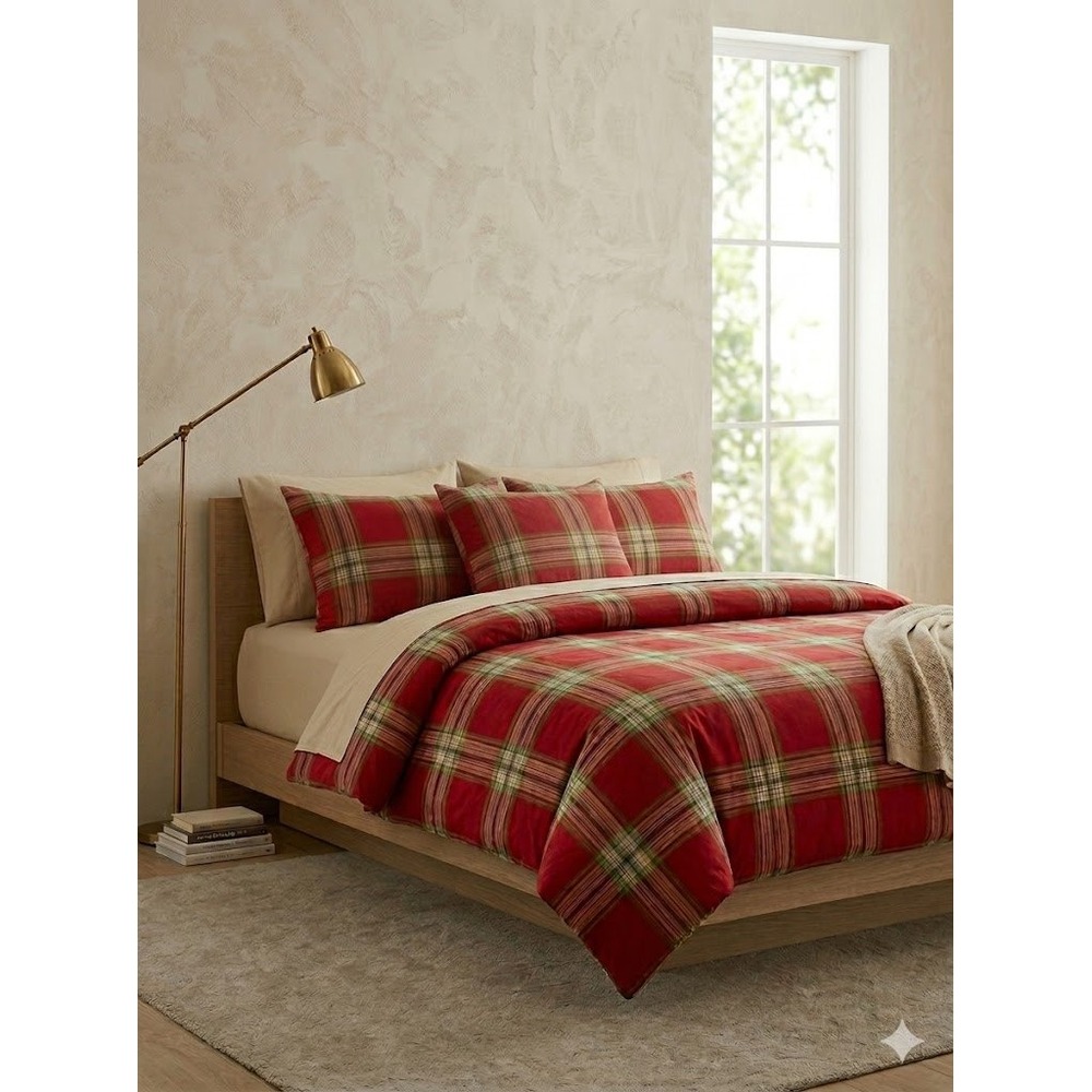 Pottery Barn King Cal King Duvet Cover Red Blake Plaid & 3 Pillowcases Sham‎